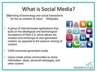 What Is Social Media?
Social
Media
Social Networks
(Facebook;
LinkedIn)
Microblogs
(Twitter)
Blogs
Media Sharing
Websites
...