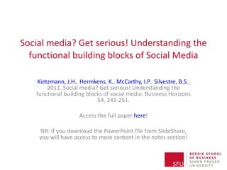 Social media? Get serious! Understanding the functional building blocks of Social Media Kietzmann, J.H. ,  Hermkens, K. ,  McCarthy, I.P. ,  Silvestre, B.S. , 2011. Social media? Get serious! Understanding the functional building blocks of social media. Business Horizons 54, 241-251. Access the full paper  here ! NB: If you download the PowerPoint file from SlideShare, you will have access to more content in the notes section! 