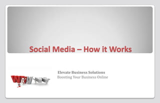Social Media – How it Works

       Elevate Business Solutions
       Boosting Your Business Online
 