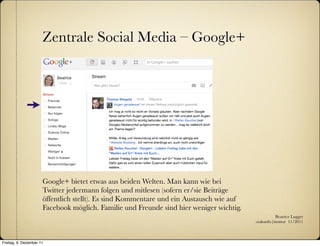 Zentrale Social Media – Google+




                      Google+ bietet etwas aus beiden Welten. Man kann wie bei
                      Twitter jedermann folgen und mitlesen (sofern er/sie Beiträge
                      öffentlich stellt). Es sind Kommentare und ein Austausch wie auf
                      Facebook möglich. Familie und Freunde sind hier weniger wichtig.
                                                                                                    Beatrice Lugger
                                                                                         :zukunfts|institut 11/2011



Freitag, 9. Dezember 11
 