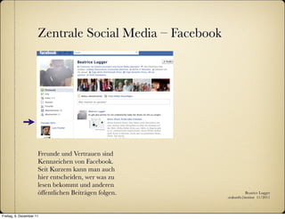 Zentrale Social Media – Facebook




                      Freunde und Vertrauen sind
                      Kennzeichen von Facebook.
                      Seit Kurzem kann man auch
                      hier entscheiden, wer was zu
                      lesen bekommt und anderen
                      öffentlichen Beiträgen folgen.                Beatrice Lugger
                                                         :zukunfts|institut 11/2011



Freitag, 9. Dezember 11
 
