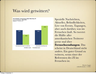Was wird getwittert?
                                             Spezielle Nachrichten,
                                             Aktuelles, Beﬁndlichkeiten,
                                             Live von Events, Tagungen,
                                             aber auch darüber, was im
                                             Fernsehen läuft. So tweetet
                                             die Hälfte aller
                                             amerikanischen Twitterer
                                             gerne mal über
                                             Fernsehsendungen. Das
                                             scheint in Deutschland nicht
                                             anders. Ein guter Grund zu
                                             twittern, wenn einer der
                                             Referenten des ZI im
                                             Fernsehen ist.
                                                                           Beatrice Lugger
                                                                :zukunfts|institut 11/2011



Freitag, 9. Dezember 11
 