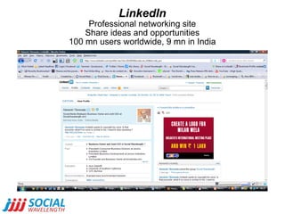 LinkedIn Professional networking site Share ideas and opportunities 100 mn users worldwide, 9 mn in India 