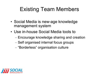 Existing Team Members Social Media is new-age knowledge management system Use in-house Social Media tools to Encourage knowledge sharing and creation Self organised internal focus groups “ Borderless” organisation culture 