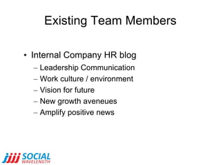 Existing Team Members Internal Company HR blog Leadership Communication Work culture / environment Vision for future New growth aveneues Amplify positive news 