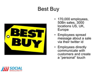 Best Buy 170,000 employees, 50Bn sales, 3000 locations US, UK, Europe Employees spread message about a sale via their twitter id Employees directly communicate with customers and create a “personal” touch 