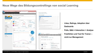 © 2016 SAP SE or an SAP affiliate company. All rights reserved. 24Customer
Neue Wege des Bildungscontrollings von social Learning
• Likes, Ratings, Adoption über
Dasboards
• Polls, Q&A = Interaction + Analyse
• Pulsfühlen und Tool für Trainer –
nicht nur Management
 