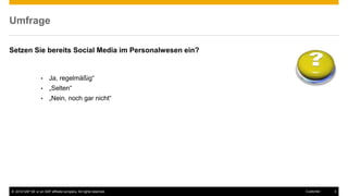 © 2016 SAP SE or an SAP affiliate company. All rights reserved. 3Customer
Umfrage
Setzen Sie bereits Social Media im Personalwesen ein?
• Ja, regelmäßig“
• „Selten“
• „Nein, noch gar nicht“
 