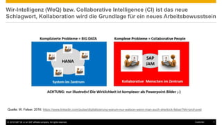 © 2016 SAP SE or an SAP affiliate company. All rights reserved. 7Customer
Wir-Intelligenz (WeQ) bzw. Collaborative Intelligence (CI) ist das neue
Schlagwort, Kollaboration wird die Grundlage für ein neues Arbeitsbewusstsein
Quelle: W. Felser, 2016: https://www.linkedin.com/pulse/digitalisierung-warum-nur-watson-wenn-man-auch-sherlock-felser?trk=prof-post
 
