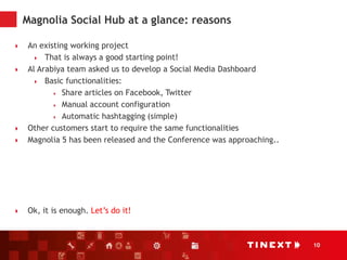 10
Magnolia Social Hub at a glance: reasons
 An existing working project
 That is always a good starting point!
 Al Arabiya team asked us to develop a Social Media Dashboard
 Basic functionalities:
 Share articles on Facebook, Twitter
 Manual account configuration
 Automatic hashtagging (simple)
 Other customers start to require the same functionalities
 Magnolia 5 has been released and the Conference was approaching..
 Ok, it is enough. Let’s do it!
 