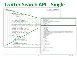alt.ac.uk
Twitter Search API – Single
tweet
20
 