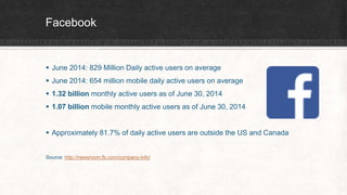 Facebook 
 June 2014: 829 Million Daily active users on average 
 June 2014: 654 million mobile daily active users on average 
 1.32 billion monthly active users as of June 30, 2014 
 1.07 billion mobile monthly active users as of June 30, 2014 
 Approximately 81.7% of daily active users are outside the US and Canada 
Source: http://newsroom.fb.com/company-info/ 
 