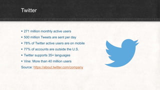 Twitter 
 271 million monthly active users 
 500 million Tweets are sent per day 
 78% of Twitter active users are on mobile 
 77% of accounts are outside the U.S. 
 Twitter supports 35+ languages 
 Vine: More than 40 million users 
Source: https://about.twitter.com/company 
 