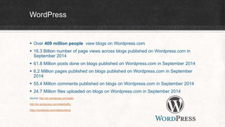 WordPress 
 Over 409 million people view blogs on Wordpress.com 
 16.3 Billion number of page views across blogs published on Wordpress.com in 
September 2014 
 61.8 Million posts done on blogs published on Wordpress.com in September 2014 
 6.2 Million pages published on blogs published on Wordpress.com in September 
2014 
 55.4 Million comments published on blogs on Wordpress.com in September 2014 
 24.7 Million files uploaded on blogs on Wordpress.com in September 2014 
Source: http://en.wordpress.com/stats/ 
http://en.wordpress.com/stats/traffic/ 
https://wordpress.com/stats/posting/ 
 