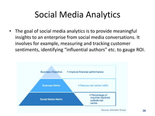Social Media Analytics
• The goal of social media analytics is to provide meaningful
  insights to an enterprise from social media conversations. It
  involves for example, measuring and tracking customer
  sentiments, identifying “influential authors” etc. to gauge ROI.




                                                                28
 