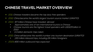 CHINESE TRAVEL MARKET OVERVIEW
§  2011: Chinese travelers became the top duty free spenders
§  2012: China became the world’s largest tourism source market (UNWTO)
§  2013: 97 million Chinese have traveled abroad
•  Approximately one of ten international tourists is Chinese
•  Chinese tourists are the highest travel spenders with USD129 billion in
2013
•  3.3 billion domestic trips taken
§  2015: China will become the world’s number one tourism destination (UNWTO)
•  130 million inbound trips, including 26 million foreigners
•  2020:	
  400 million outbound trips expected
 