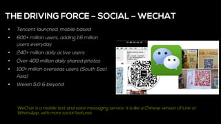 •  Tencent launched, mobile based
•  600+ million users, adding 1.6 million
users everyday
•  240+ million daily active users
•  Over 400 million daily shared photos
•  100+ million overseas users (South East
Asia)
•  Weixin 5.0 & beyond
THE DRIVING FORCE – SOCIAL – WECHAT
WeChat is a mobile text and voice messaging service. It is like a Chinese version of Line or
WhatsApp, with more social features
 