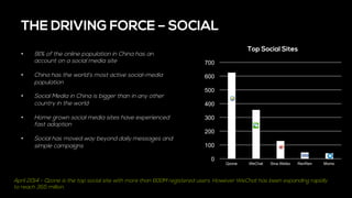 THE DRIVING FORCE – SOCIAL
•  91% of the online population in China has an
account on a social media site
•  China has the world’s most active social-media
population
•  Social Media in China is bigger than in any other
country in the world
•  Home grown social media sites have experienced
fast adoption
•  Social has moved way beyond daily messages and
simple campaigns
	
  
	
  
0
100
200
300
400
500
600
700
Qzone WeChat Sina Weibo RenRen Momo
Top Social Sites
April 2014 - Qzone is the top social site with more than 600M registered users. However WeChat has been expanding rapidly
to reach 355 million.
 