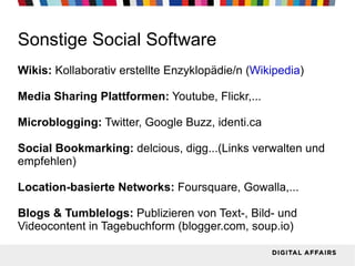 Sonstige Social Software Wikis:  Kollaborativ erstellte Enzyklopädie/n ( Wikipedia ) Media Sharing Plattformen:  Youtube, Flickr,... Microblogging:  Twitter, Google Buzz, identi.ca Social Bookmarking:  delcious, digg...(Links verwalten und empfehlen) Location-basierte Networks:  Foursquare, Gowalla,... Blogs & Tumblelogs:  Publizieren von Text-, Bild- und Videocontent in Tagebuchform (blogger.com, soup.io) 