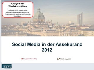 Analyse der
    XING-Aktivitäten
    Zum Abschluss folgen in der
 kommenden Woche ausgesuchte
Ergebnisse der Analyse der Youtube-
            Aktivitäten.




         Social Media in der Assekuranz
                      2012
 