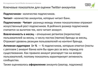 Подписчиков –  количество подписчиков. Читает –  количество аккаунтов, которые читает банк.  Подписчиков - Читает - разница между этими показателями отражает искусственный рост подписчиков. В рейтинге размер подписчиков считается за вычетом тех, кого читает аккаунт. Вовлеченность в месяц  – отношение ретвитов (перепостов) пользователей за месяц  к числу постов (твитов) бренда за месяц. Отражает уровень реакции пользователей на контент бренда. Активная аудитория  1+  %   — % подписчиков, которым ответил (посты с реплаем ) аккаунт банка хотя бы один раз за весь период его существования. Как правило аккаунт реагирует так на вопрос пользователей, поэтому показатель характеризует активность сообщества.  Также оценивалось  оформление  аккаунта (аватар, подложка) Ключевые показатели для оценки  Twitter- аккаунтов 