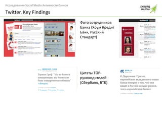 Twitter. Key Findings Фото сотрудников банка (Хоум Кредит Банк, Русский Стандарт) Цитаты ТОР-руководителей (Сбербанк, ВТБ) 