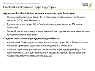Аудитория  Facebook  более активна, чем аудитория Вконтакте. % активной аудитории (ядро 1+) в  Facebook  для большинства банков   выше на 5-7%, чем Вконтакте Ядро аудитории (ядро 5+) в  Facebook  в среднем выше на 2%, чем в Вконтакте. Верхний порог по этим показателям в обоих случаях значительно выше в  Facebook,  чем в Вконтакте. Средние показатели ядра аудитории для банков У успешных банков доля активной аудитории (ядро 1+) и Вконтакте, и в  Facebook  примерно одинакова, и находится в районе 30% На фоне отрасли нормальным показателем ядра аудитории (ядро 5+) можно считать 1,5% для Вконтакте и 5% для  Facebook.  Более высокие показатели могут считаться успешными. Facebook vs  Вконтакте. Ядро аудитории 