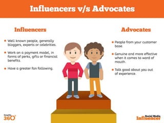 Influencers Vs Advocates
Influencers
• Well known people,
generally bloggers, experts
or celebrities.
• Work on a payment ...