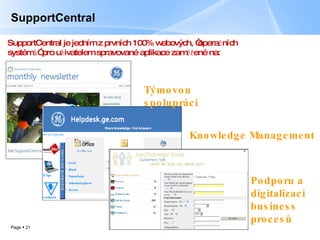 SupportCentral SupportCentral  je jedním z prvních  100%  webových , “opera čních  syst é m ů ”  pro   uživatelem spravované  apli kace zaměřené na : Týmovou spolupráci Knowledge Management Podporu a digitalizaci business procesů 