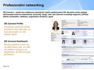 Profesionální networking GE Connect  – modul pro vzájemnou spolupráci napříč společnostmi GE. Na jedno místo spojuje dohromady knihovny dokumentů, komunity, blogy, wiki, atd. Zároveň umožňuje tagování, přehled aktivit, komentáře, nástěnky, organizační strukturu, apod. GE  Connect Profile Umožňuje ostatním získat přehled o tom, kdo jste, na čem pracujete, co vás zajímá, apod. GE  Connect Dashboard Rychlý přehled o tom, co se děje kolem vás, ve vaší síti přátel a kolegů a ve skupinách, do kterých jste přihlášeni.  