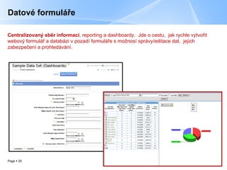 Datové formuláře Centralizovaný sběr informací , reportin g a dashboardy .  Jde o cestu,  jak rychle vytvořit webový formulář a databázi v pozadí formuláře s možnosí správy/editace dat,  jejich zabezpečení a prohledávání. 
