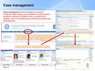 Case management Case management  (neboli „Zeptejte se experta“) umožňuje zadání otázky nebo problému do připraveného workflow a sledování každého kroku na cestě k jeho vyřešení. SLA a knowledge base vyřešených případů jsou samozřejmostí. Výběr experta pro zodpovězení otázky Formulář pro položení otázky Audit průběhu řešení / eskalace 