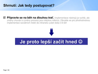 Shrnutí: Jak tedy postupovat? Připravte se na běh na dlouhou trať.  Implementace nástrojů je rychlá, ale změny chování a změny procesů jsou otázkou měsíců. Obvykle se pro plnohodnotnou implementaci sociálních médií do intranetů uvádí doba 3-5 let! Je proto lepší začít hned   