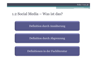 Folie 7 von 46




1.2 Social Media – Was ist das?


          Definition durch Annäherung



          Definition durch Abgrenzung



         Definitionen in der Fachliteratur
 