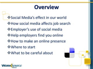 Overview
Social Media’s effect in our world
How social media affects job search
Employer’s use of social media
Help employers find you online
How to make an online presence
Where to start
What to be careful about
 