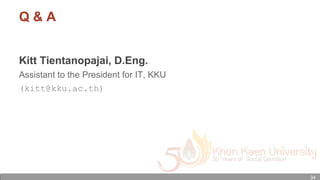 Social Media in Learning
Q & A
Kitt Tientanopajai, D.Eng.
Assistant to the President for IT, KKU
(kitt@kku.ac.th)
34
 