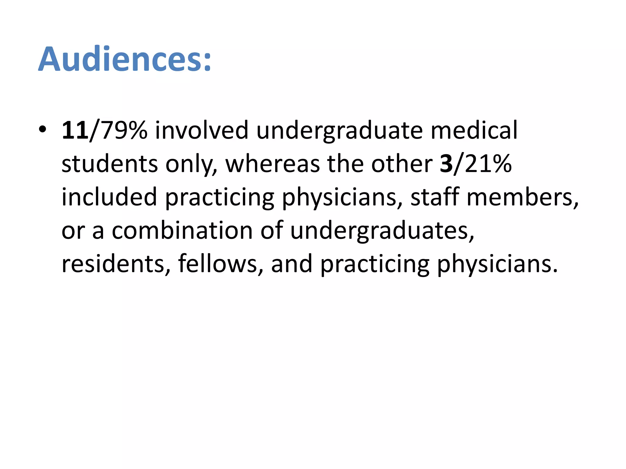 Audiences:
• 11/79% involved undergraduate medical
students only, whereas the other 3/21%
included practicing physicians, staff members,
or a combination of undergraduates,
residents, fellows, and practicing physicians.
 