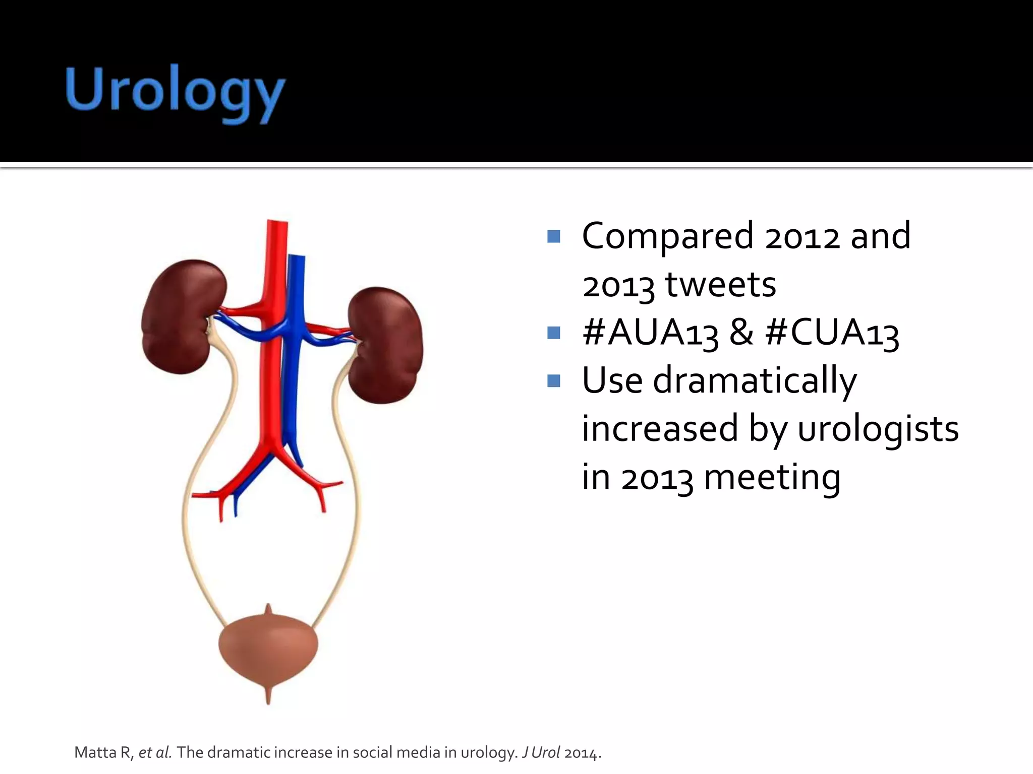  Compared 2012 and
2013 tweets
 #AUA13 & #CUA13
 Use dramatically
increased by urologists
in 2013 meeting
Matta R, et al. The dramatic increase in social media in urology. J Urol 2014.
 