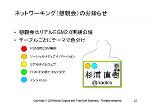 ネットワーキング（懇親会）のお知らせ


• 懇親会はリアルEGM2.0実践の場
• テーブルごとにテーマで色分け
   HSASのEGM事例

   ソーシャルメディアイノベーション

   リアルタイムウェブ

   EGMは文明ではなく文化
                                              杉浦 直樹
                                                    @naokis
   ノンジャンル




    Copyright © 2010 Naoki Sugiura and Toshiyuki Edamatsu All rights reserved   22
 