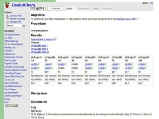 Science & Research Wikis UsefulChem wiki http://usefulchem.wikispaces.com/ Synthesis of novel anti-malarial compounds, including experiments Completely open OBF wiki http://www.open-bio.org/wiki/Main_Page Open Bioinformatics Foundation focused on supporting open source programming in bioinformatics OpenWetWare  http://openwetware.org/wiki/Main_Page Promotes sharing of information, know-how and wisdom among researchers & groups working in biology & biological engineering Partially open WikiPathways http://www.wikipathways.org/index.php/WikiPathways Dedicated to the curation of biological pathways 