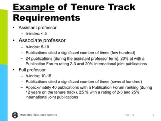 Example of Tenure Track
Requirements
•  Assistant professor
–  h-index: < 5
•  Associate professor
–  h-index: 5-10
–  Pub...