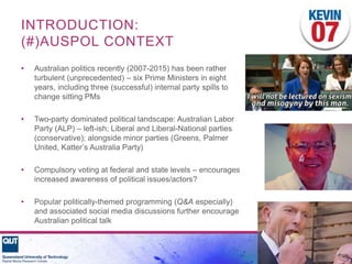 INTRODUCTION:
(#)AUSPOL CONTEXT
• Australian politics recently (2007-2015) has been rather
turbulent (unprecedented) – six...