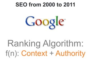 SEO from 2000 to 2011<br />Ranking Algorithm:f(n): Context + Authority<br />