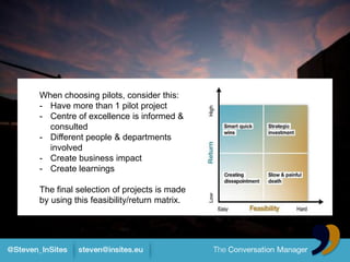 When choosing pilots, consider this:
- Have more than 1 pilot project
- Centre of excellence is informed &
  consulted
- Different people & departments
  involved
- Create business impact
- Create learnings

The final selection of projects is made
by using this feasibility/return matrix.
 