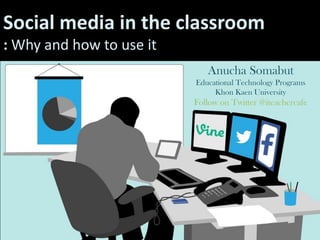 Social media in the classroom
: Why and how to use it
Anucha Somabut
Educational Technology Programs
Khon Kaen University
Follow on Twitter @iteachercafe
 