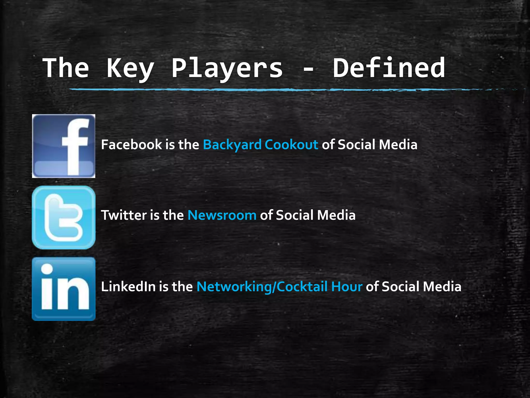 The Key Players - Defined
Facebook is the Backyard Cookout of Social Media

Twitter is the Newsroom of Social Media

LinkedIn is the Networking/Cocktail Hour of Social Media

 