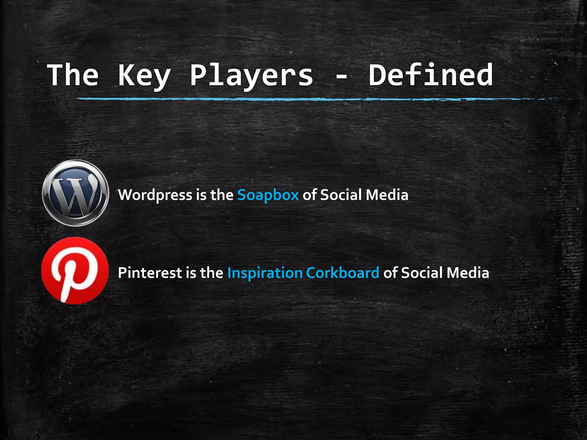 The Key Players - Defined

Wordpress is the Soapbox of Social Media

Pinterest is the Inspiration Corkboard of Social Media

 