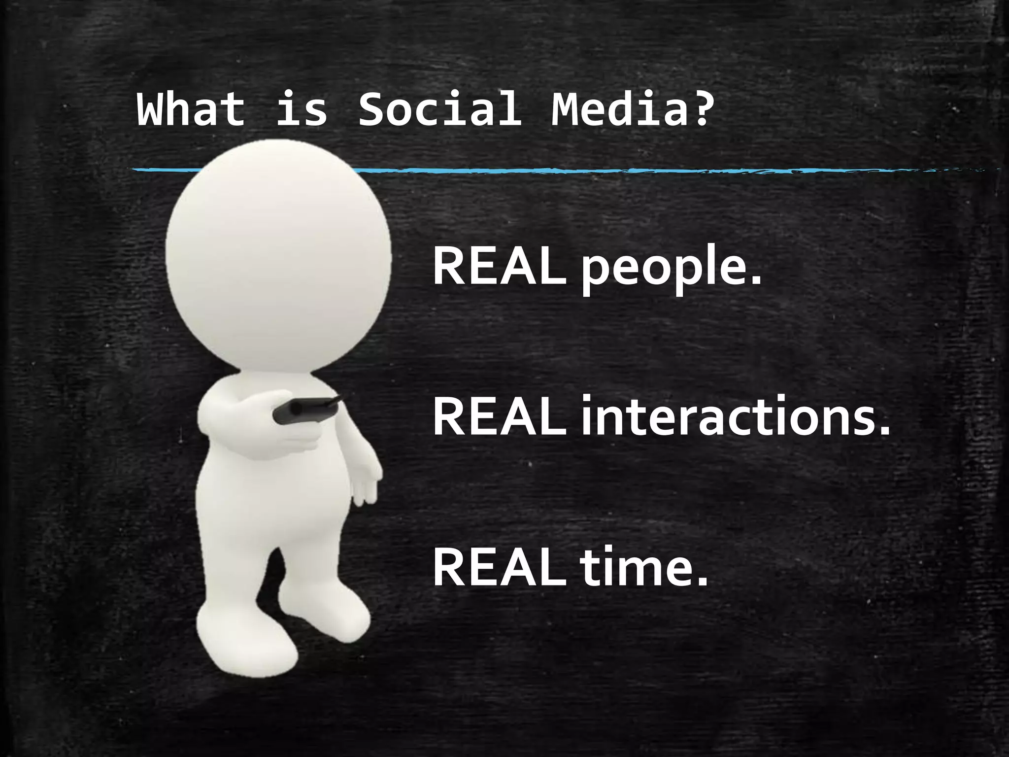 What is Social Media?

REAL people.
REAL interactions.
REAL time.

 