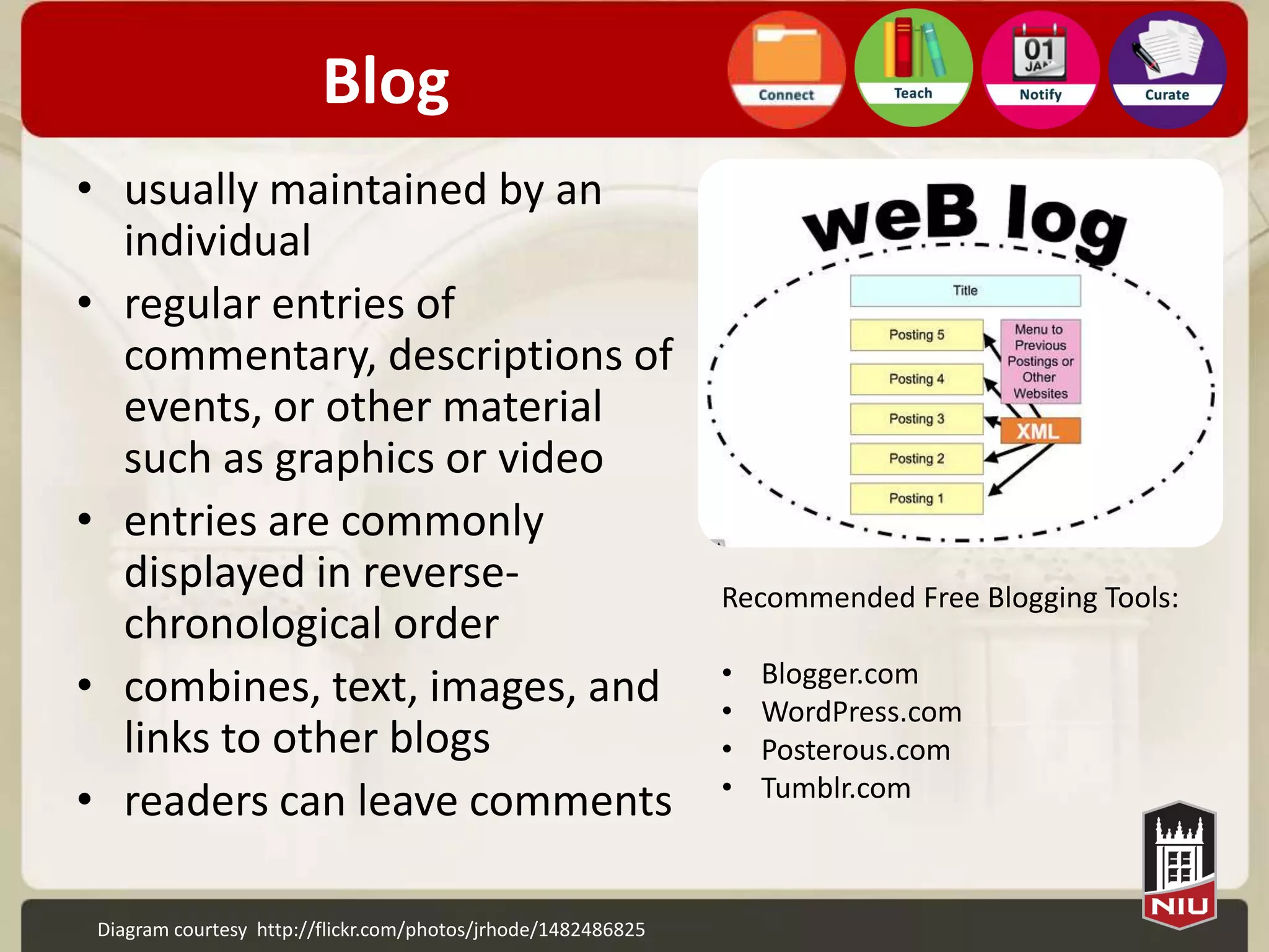 Blog
• usually maintained by an
  individual
• regular entries of
  commentary, descriptions of
  events, or other material
  such as graphics or video
• entries are commonly
  displayed in reverse-                                        Recommended Free Blogging Tools:
  chronological order
                                                               •
• combines, text, images, and                                  •
                                                                   Blogger.com
                                                                   WordPress.com
  links to other blogs                                         •   Posterous.com
                                                               •
• readers can leave comments                                       Tumblr.com



 Diagram courtesy http://flickr.com/photos/jrhode/1482486825
 