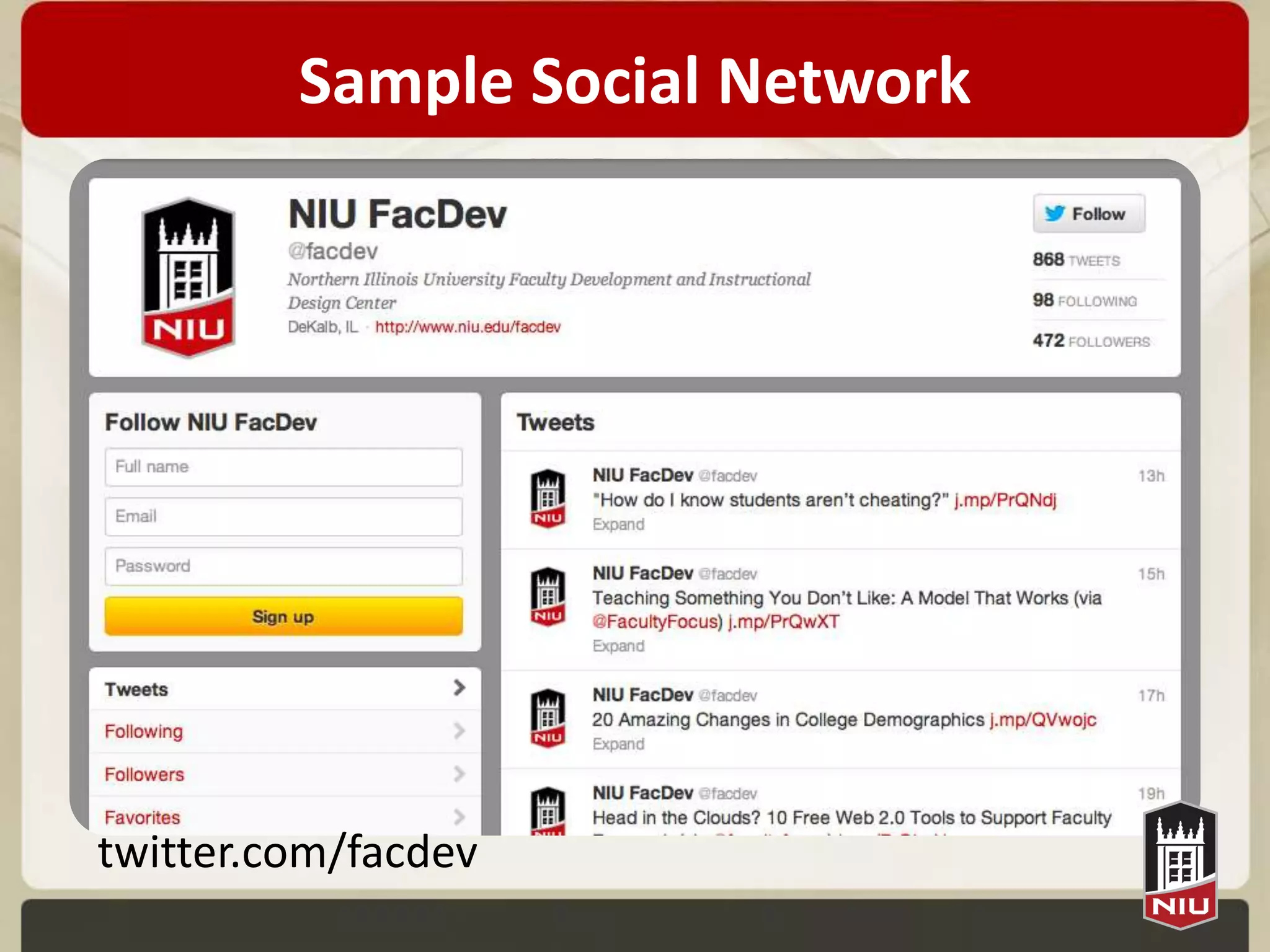 Sample Social Network




twitter.com/facdev
 